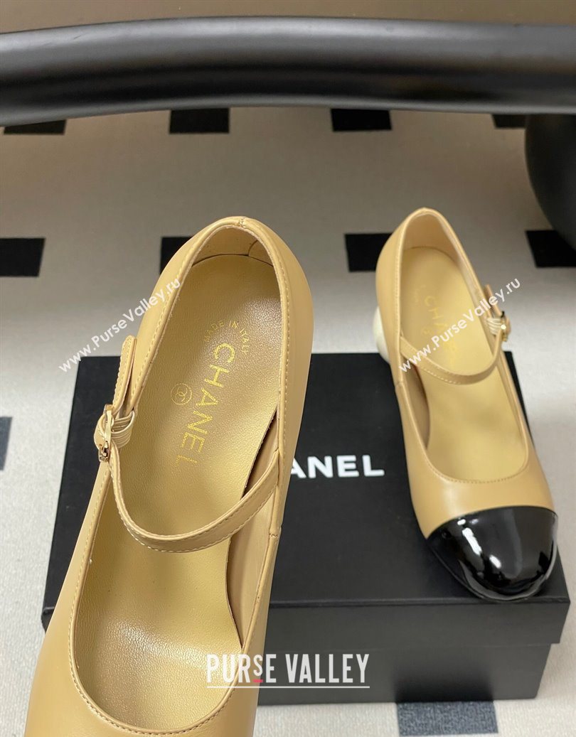 Chanel Lambskin - Patent Calfskin Pearls Mary Janes Pumps 7cm Beige 2025 G46775 (MD-251103080)