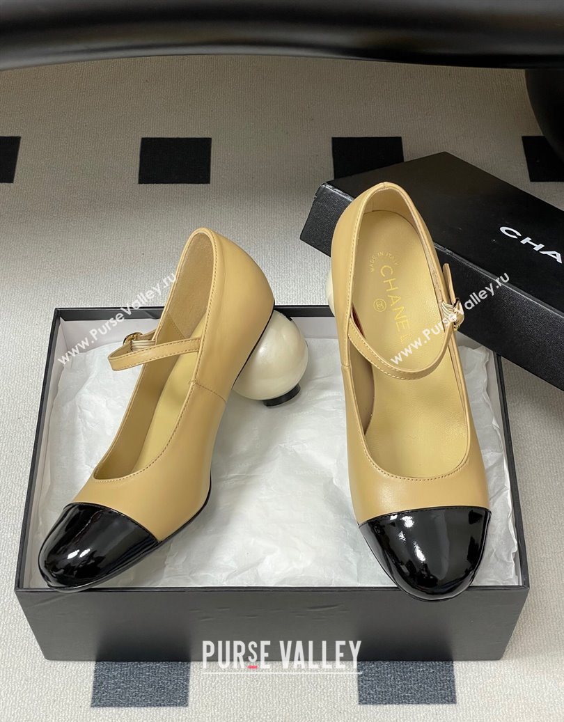 Chanel Lambskin - Patent Calfskin Pearls Mary Janes Pumps 7cm Beige 2025 G46775 (MD-251103080)