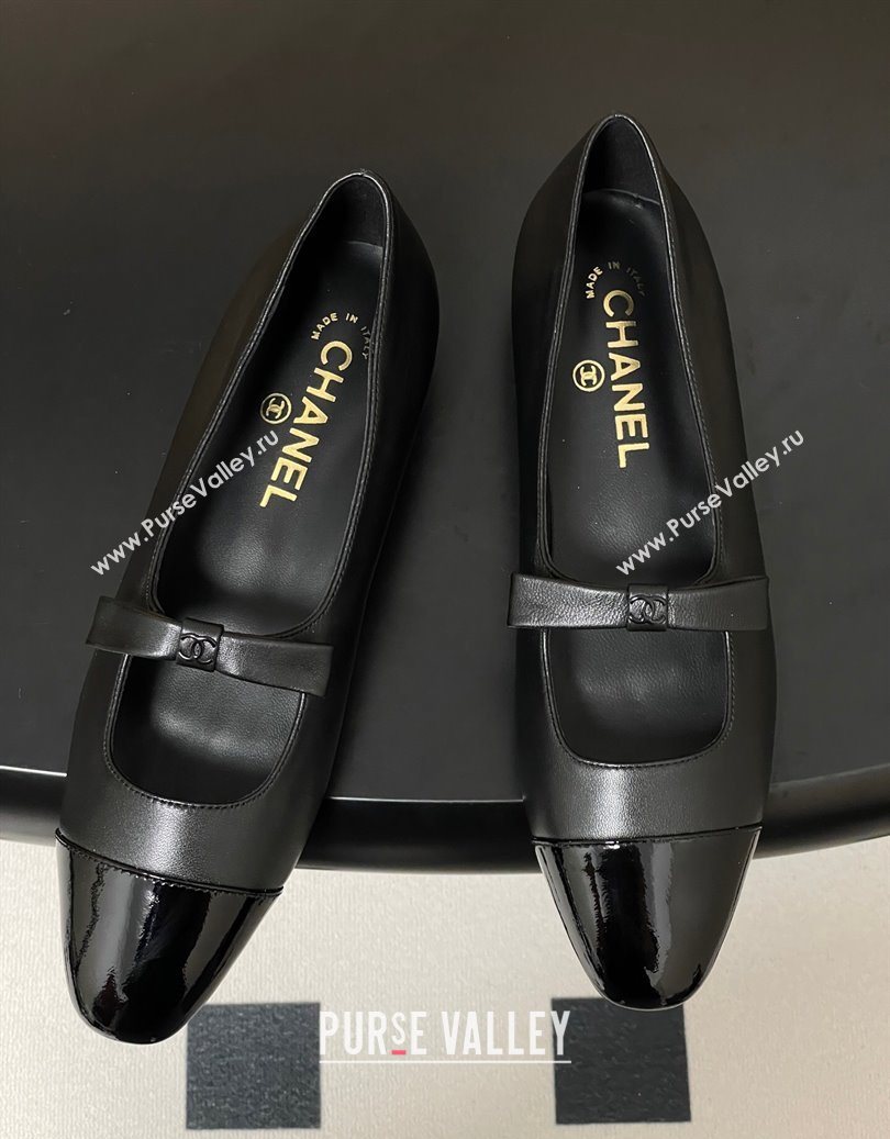 Chanel Lambskin and Patent Leather Mary Janes Ballet Flats with Bow Black 2025 CH110302 (MD-251103066)