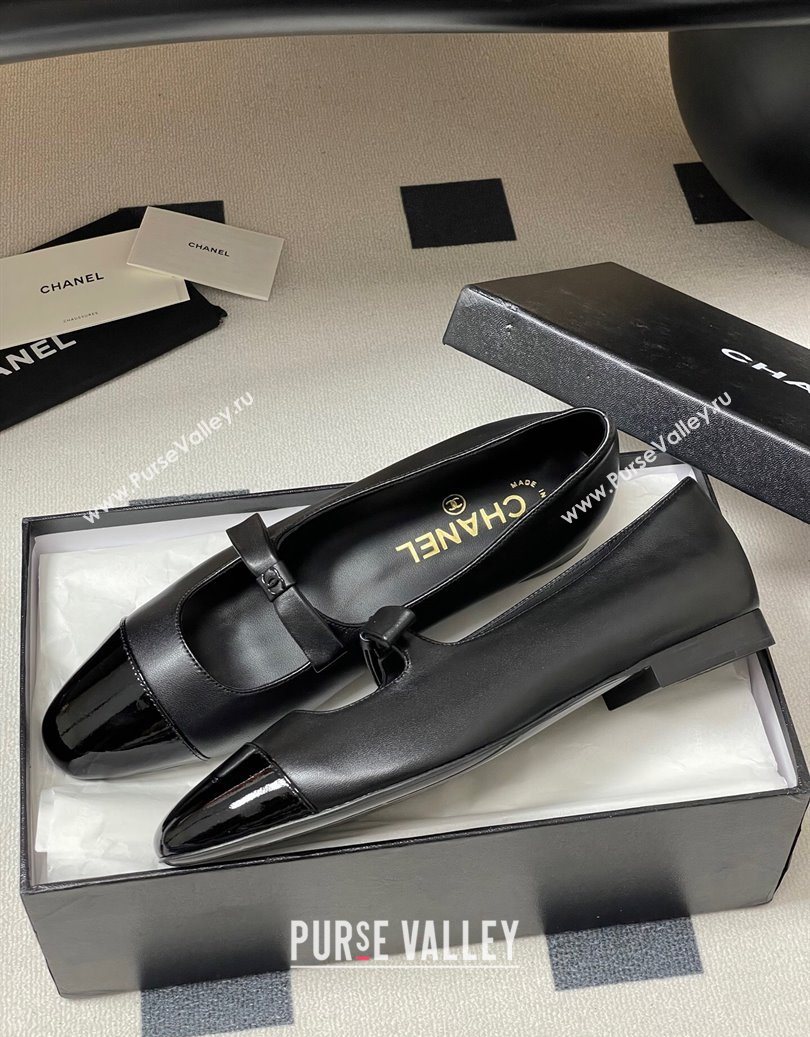 Chanel Lambskin and Patent Leather Mary Janes Ballet Flats with Bow Black 2025 CH110302 (MD-251103066)