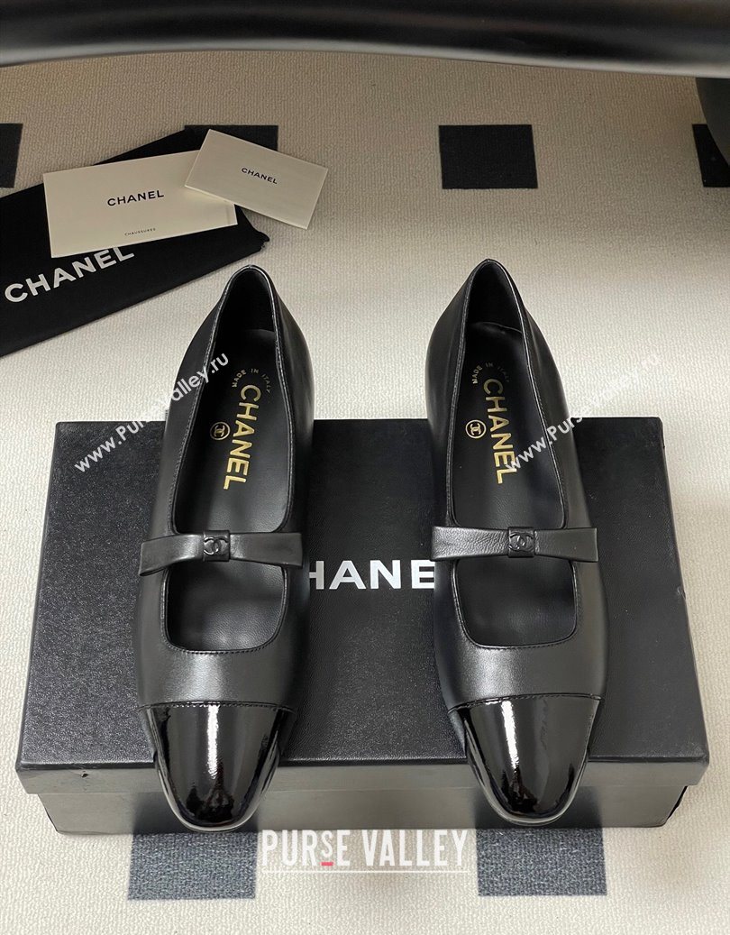 Chanel Lambskin and Patent Leather Mary Janes Ballet Flats with Bow Black 2025 CH110302 (MD-251103066)