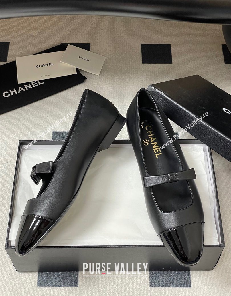 Chanel Lambskin and Patent Leather Mary Janes Ballet Flats with Bow Black 2025 CH110302 (MD-251103066)