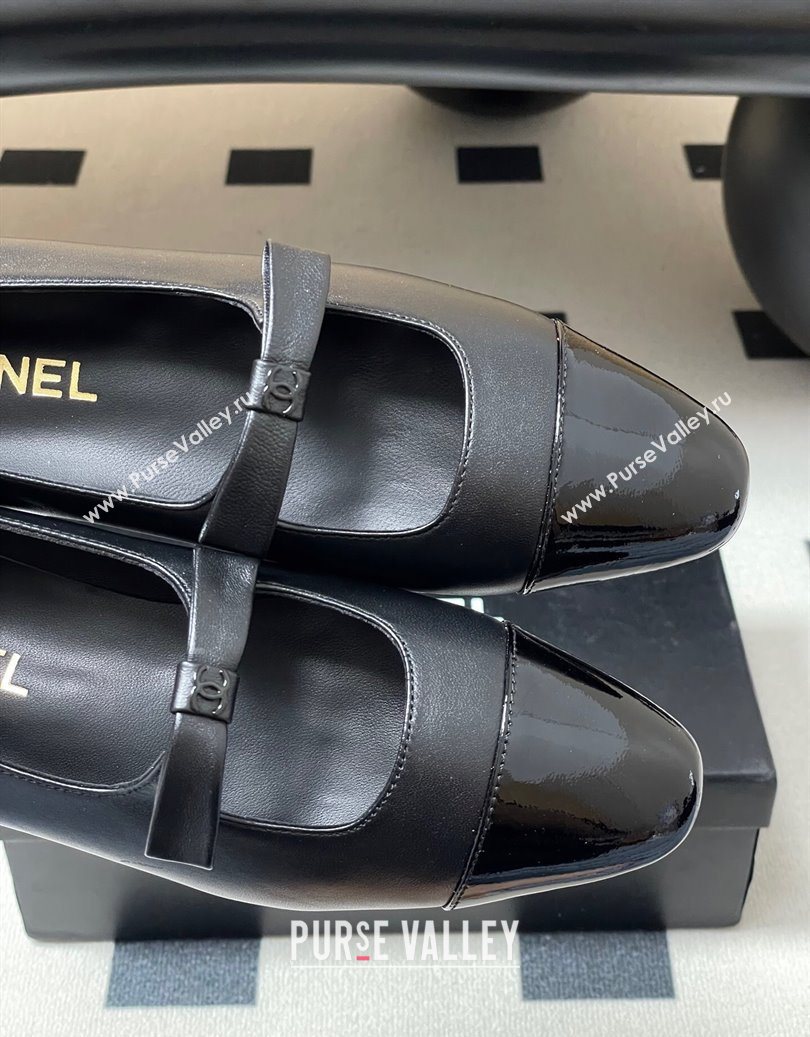Chanel Lambskin and Patent Leather Mary Janes Ballet Flats with Bow Black 2025 CH110302 (MD-251103066)