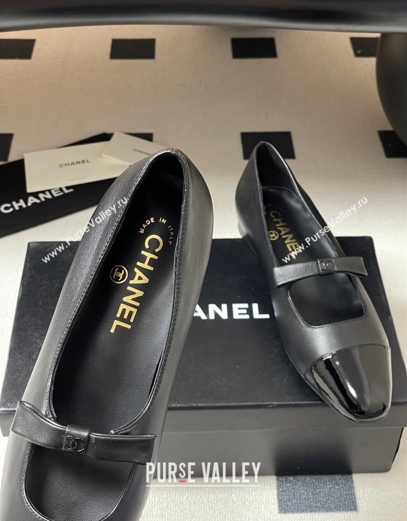 Chanel Lambskin and Patent Leather Mary Janes Ballet Flats with Bow Black 2025 CH110302 (MD-251103066)
