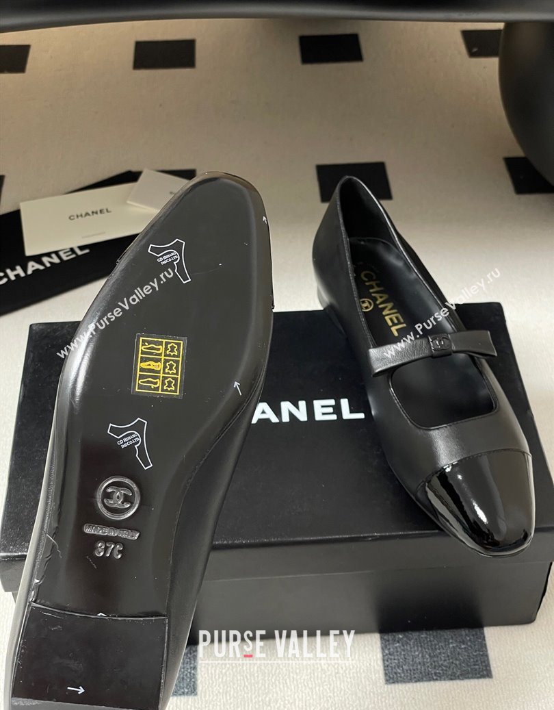 Chanel Lambskin and Patent Leather Mary Janes Ballet Flats with Bow Black 2025 CH110302 (MD-251103066)