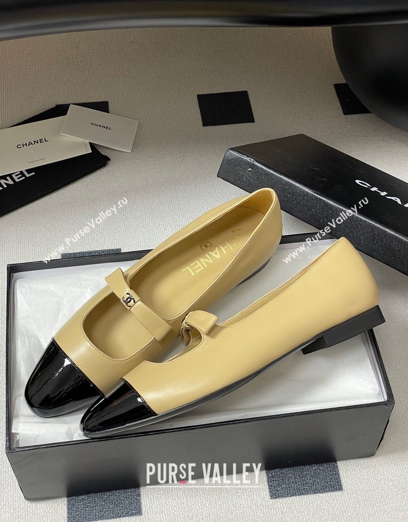 Chanel Lambskin and Patent Leather Mary Janes Ballet Flats with Bow Beige 2025 CH110302 (MD-251103068)