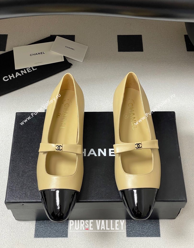 Chanel Lambskin and Patent Leather Mary Janes Ballet Flats with Bow Beige 2025 CH110302 (MD-251103068)