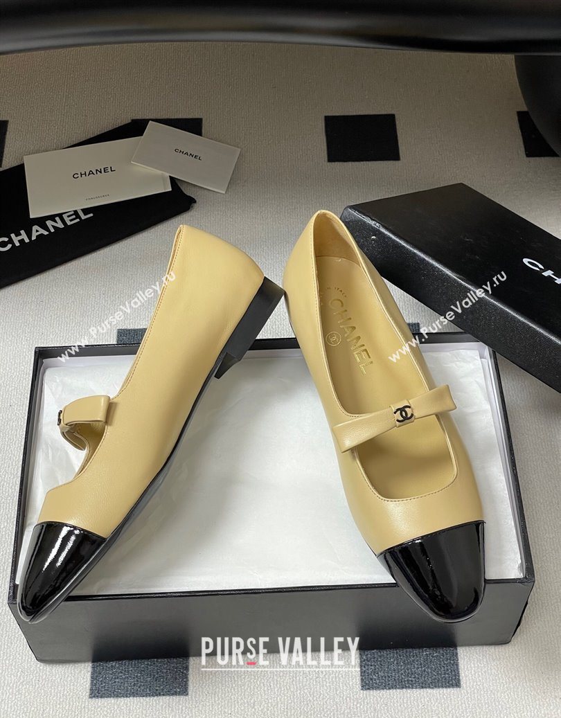 Chanel Lambskin and Patent Leather Mary Janes Ballet Flats with Bow Beige 2025 CH110302 (MD-251103068)