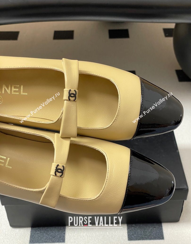 Chanel Lambskin and Patent Leather Mary Janes Ballet Flats with Bow Beige 2025 CH110302 (MD-251103068)