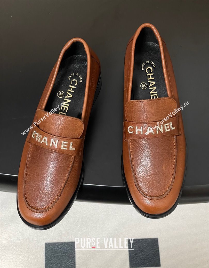 Chanel Calfskin Leather Loafers with Letters Strap Brown2 2025 CH103102 (MD-251031099)