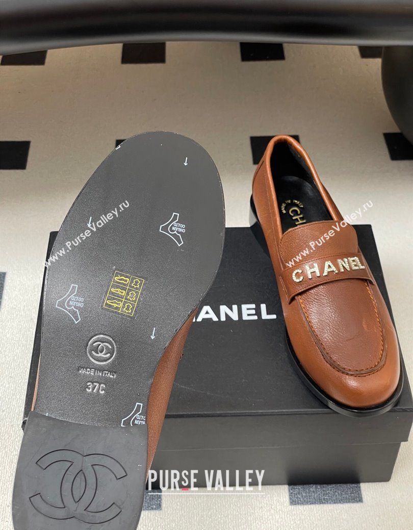 Chanel Calfskin Leather Loafers with Letters Strap Brown2 2025 CH103102 (MD-251031099)