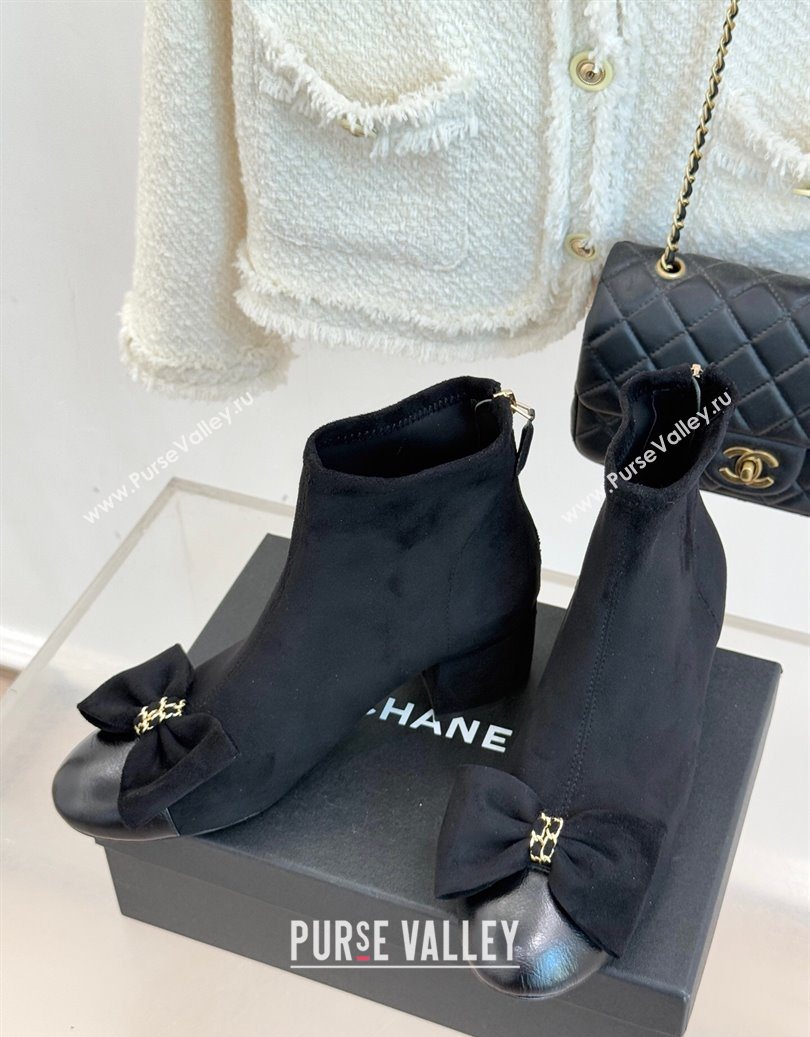 Chanel Suede and Calfskin Heel Ankle Boots with Bow Black 2025 CH110303 (MD-251103124)