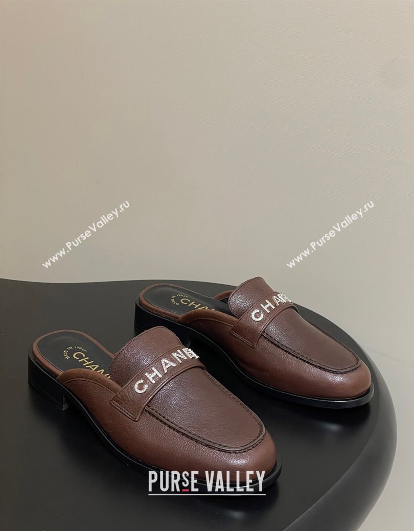 Chanel Calfskin Leather Flat Mules with Letters Strap Dark Brown 2025 CH103102 (MD-251031102)