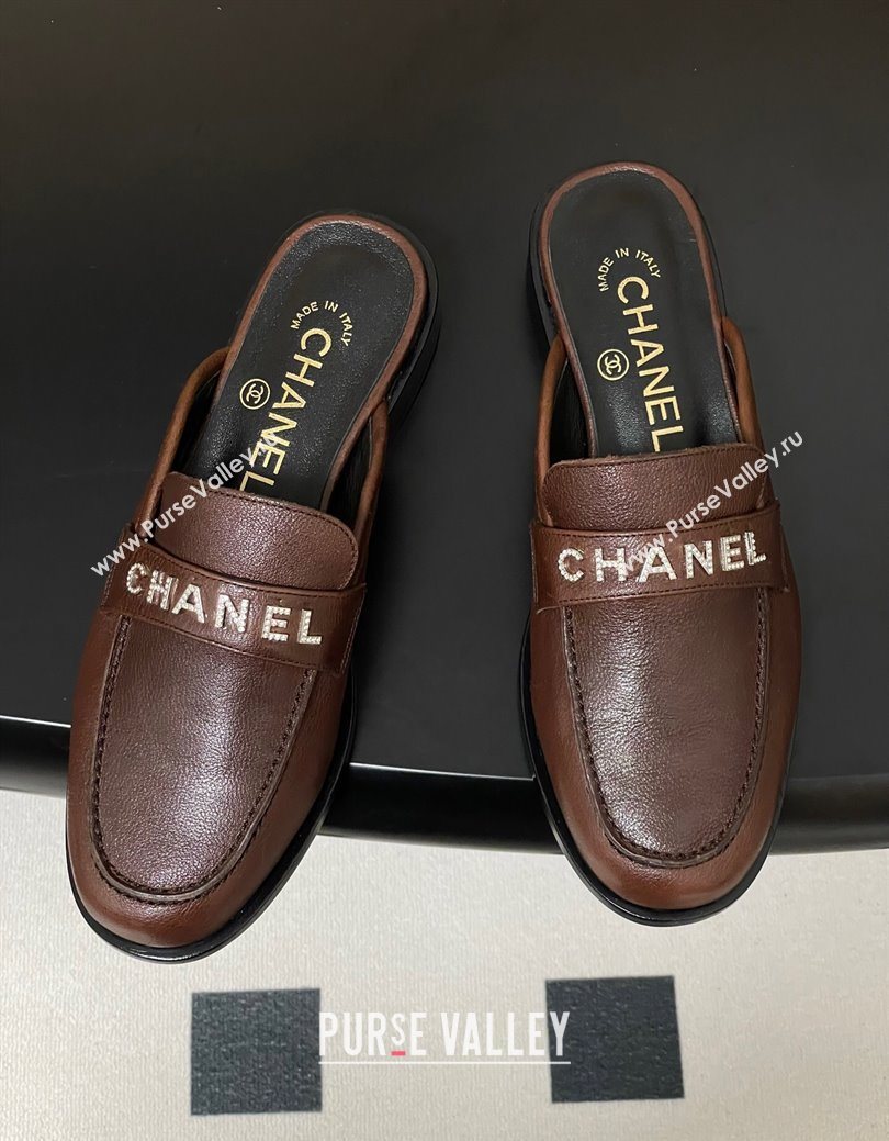 Chanel Calfskin Leather Flat Mules with Letters Strap Dark Brown 2025 CH103102 (MD-251031102)