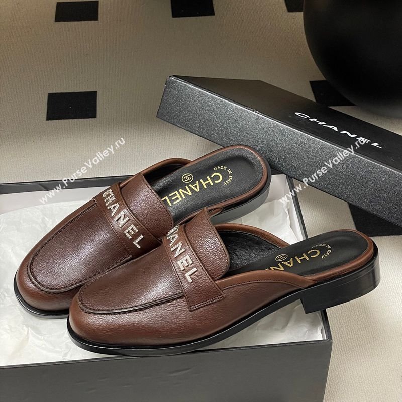 Chanel Calfskin Leather Flat Mules with Letters Strap Dark Brown 2025 CH103102 (MD-251031102)