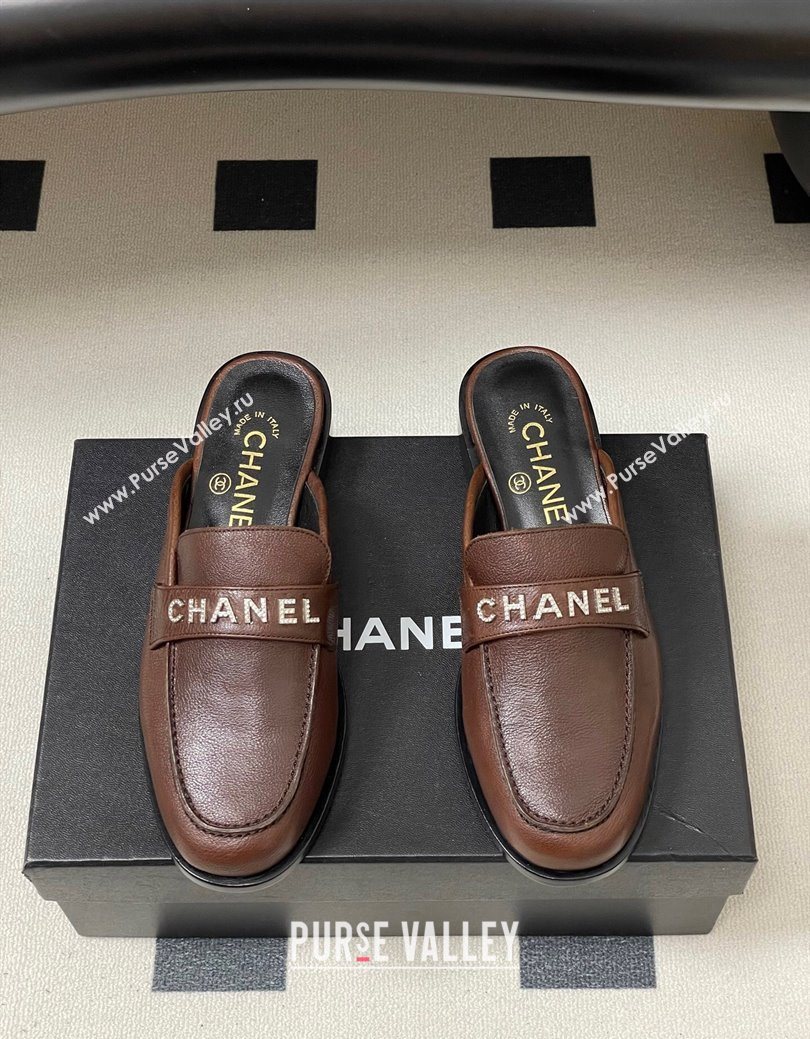 Chanel Calfskin Leather Flat Mules with Letters Strap Dark Brown 2025 CH103102 (MD-251031102)