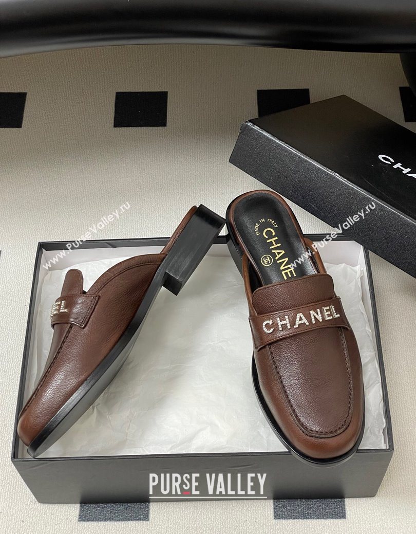 Chanel Calfskin Leather Flat Mules with Letters Strap Dark Brown 2025 CH103102 (MD-251031102)