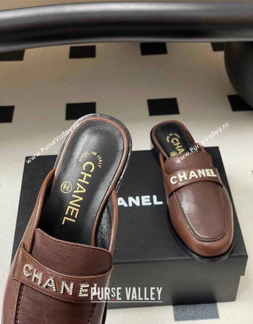 Chanel Calfskin Leather Flat Mules with Letters Strap Dark Brown 2025 CH103102 (MD-251031102)