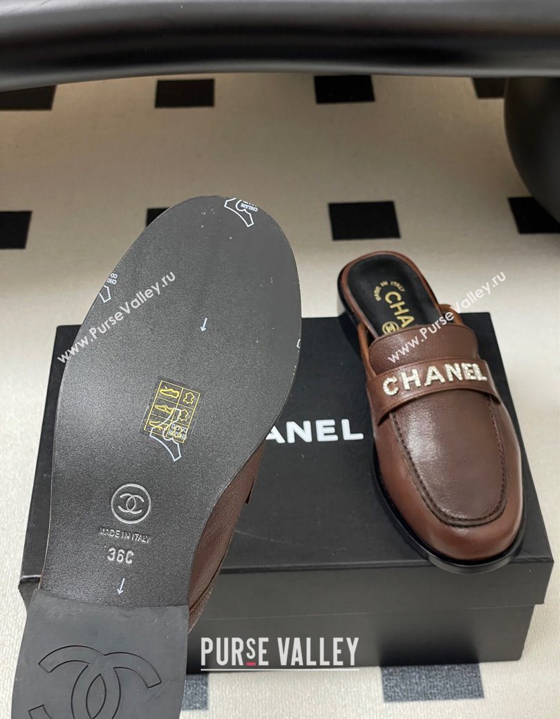 Chanel Calfskin Leather Flat Mules with Letters Strap Dark Brown 2025 CH103102 (MD-251031102)