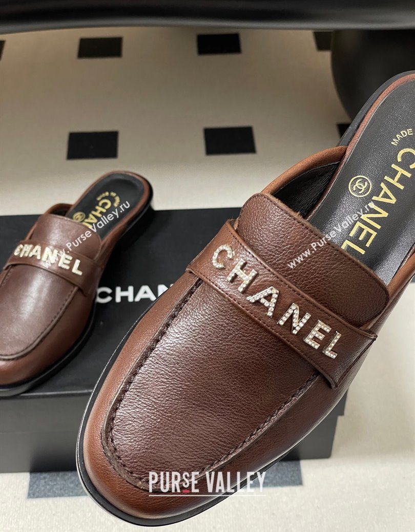 Chanel Calfskin Leather Flat Mules with Letters Strap Dark Brown 2025 CH103102 (MD-251031102)