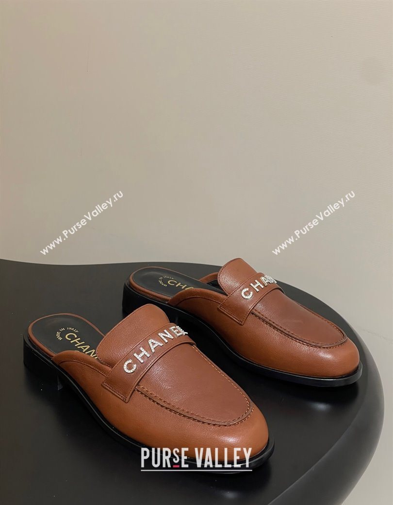 Chanel Calfskin Leather Flat Mules with Letters Strap Brown2 2025 CH103102 (MD-251031103)