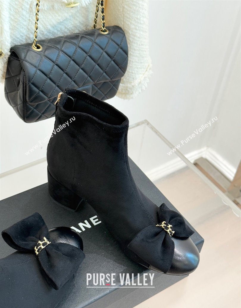 Chanel Suede and Calfskin Heel Ankle Boots with Bow Black 2025 CH110303 (MD-251103124)