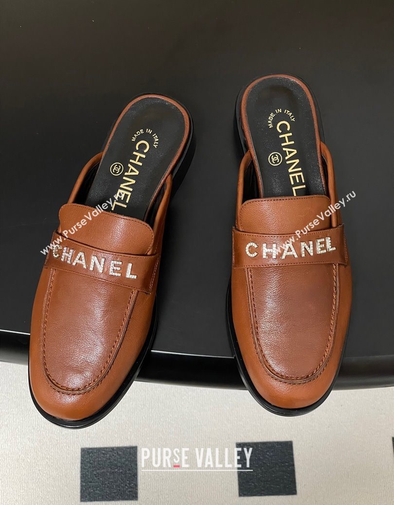 Chanel Calfskin Leather Flat Mules with Letters Strap Brown2 2025 CH103102 (MD-251031103)