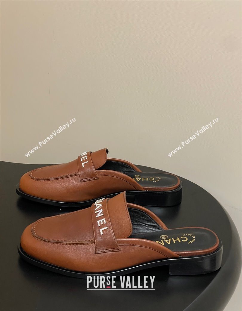 Chanel Calfskin Leather Flat Mules with Letters Strap Brown2 2025 CH103102 (MD-251031103)