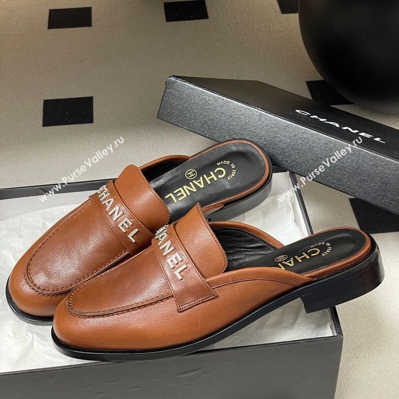 Chanel Calfskin Leather Flat Mules with Letters Strap Brown2 2025 CH103102 (MD-251031103)