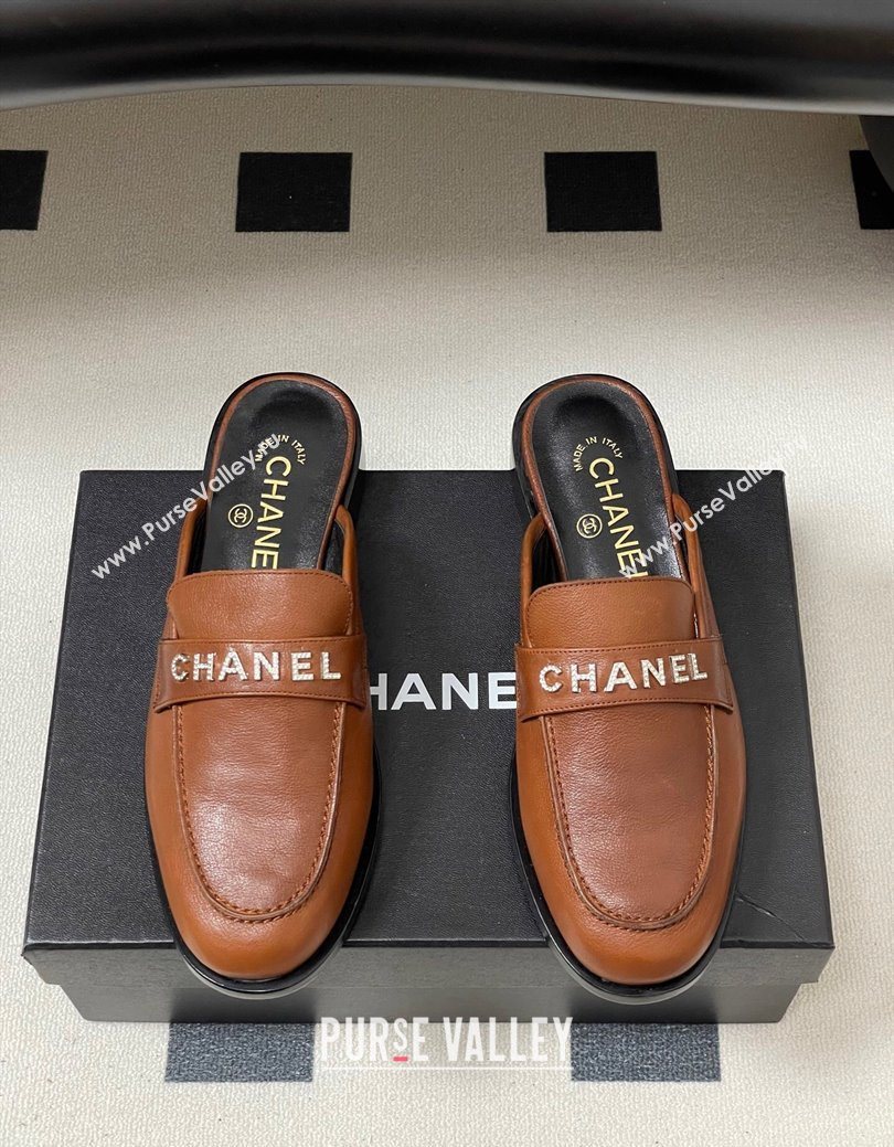 Chanel Calfskin Leather Flat Mules with Letters Strap Brown2 2025 CH103102 (MD-251031103)