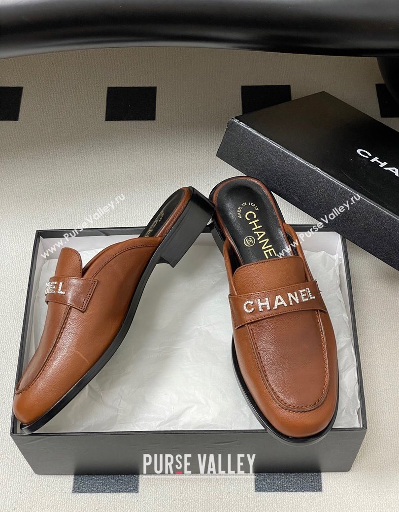 Chanel Calfskin Leather Flat Mules with Letters Strap Brown2 2025 CH103102 (MD-251031103)