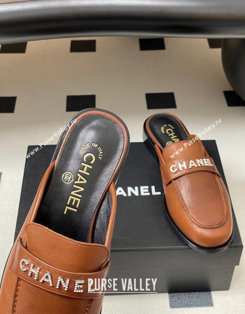 Chanel Calfskin Leather Flat Mules with Letters Strap Brown2 2025 CH103102 (MD-251031103)