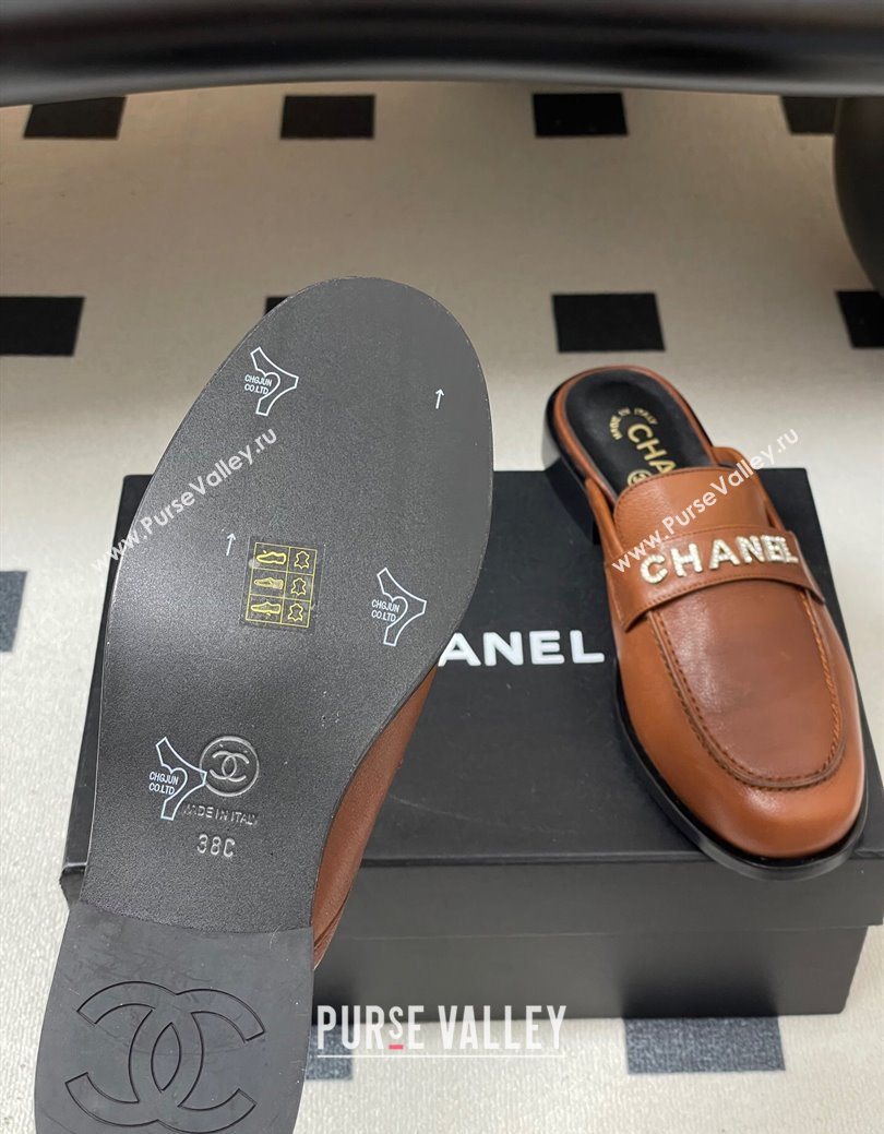 Chanel Calfskin Leather Flat Mules with Letters Strap Brown2 2025 CH103102 (MD-251031103)