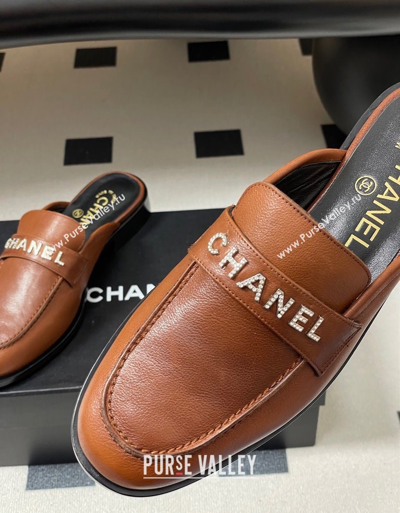 Chanel Calfskin Leather Flat Mules with Letters Strap Brown2 2025 CH103102 (MD-251031103)