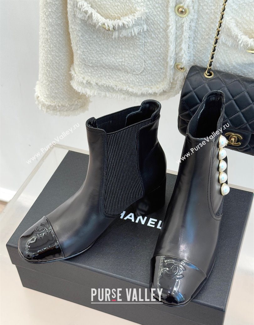 Chanel Lambskin Patent Leather Heel Ankle Boots 5cm with Pearls Black 2025 CH11030316 (MD-251103125)