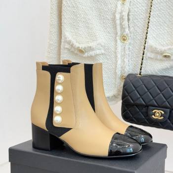 Chanel Lambskin Patent Leather Heel Ankle Boots 5cm with Pearls Beige 2025 CH11030316 (MD-251103126)