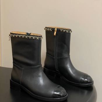 Chanel Calfskin and Patent Leather Flat Ankle Boots 3.5cm with Chain Black 2025 CH110403 (MD-251104030)