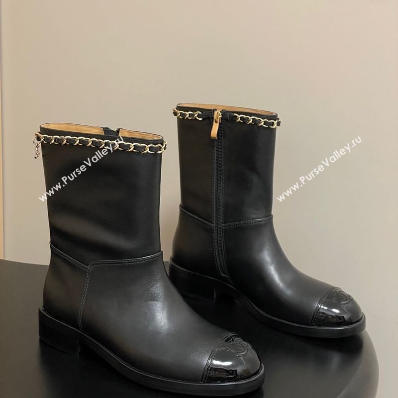 Chanel Calfskin and Patent Leather Flat Ankle Boots 3.5cm with Chain Black 2025 CH110403 (MD-251104030)