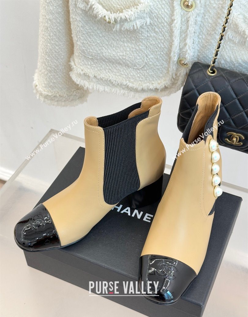 Chanel Lambskin Patent Leather Heel Ankle Boots 5cm with Pearls Beige 2025 CH11030316 (MD-251103126)