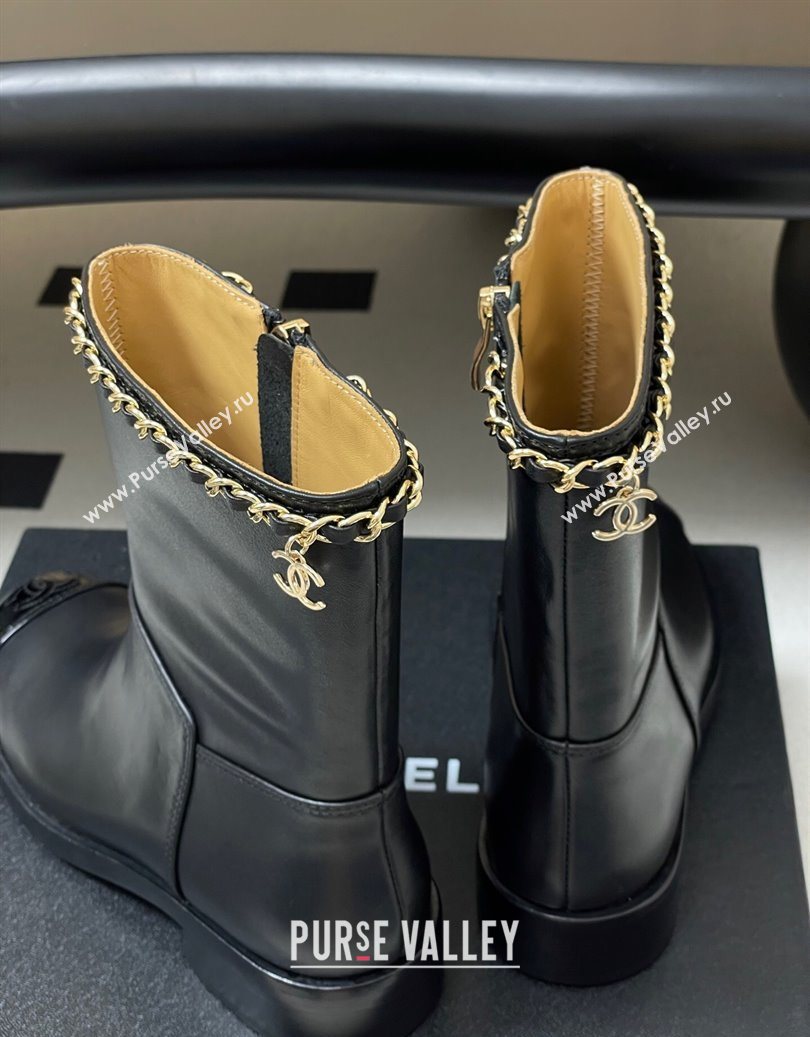 Chanel Calfskin and Patent Leather Flat Ankle Boots 3.5cm with Chain Black 2025 CH110403 (MD-251104030)