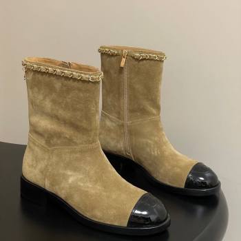 Chanel Suede and Patent Leather Flat Ankle Boots 3.5cm with Chain Beige 2025 CH110403 (MD-251104031)