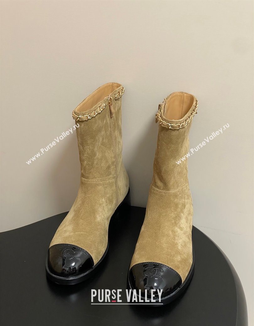Chanel Suede and Patent Leather Flat Ankle Boots 3.5cm with Chain Beige 2025 CH110403 (MD-251104031)