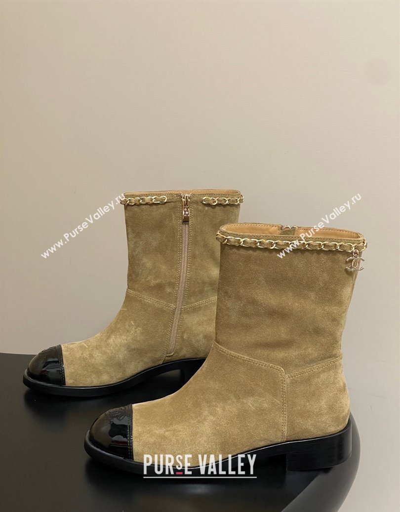 Chanel Suede and Patent Leather Flat Ankle Boots 3.5cm with Chain Beige 2025 CH110403 (MD-251104031)