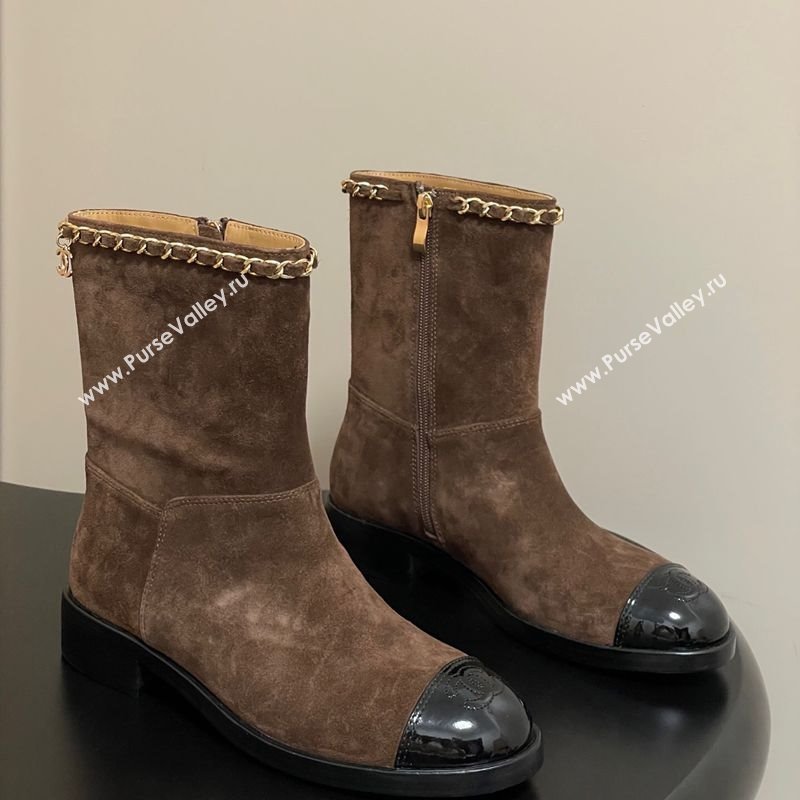 Chanel Suede and Patent Leather Flat Ankle Boots 3.5cm with Chain Brown 2025 CH110403 (MD-251104032)