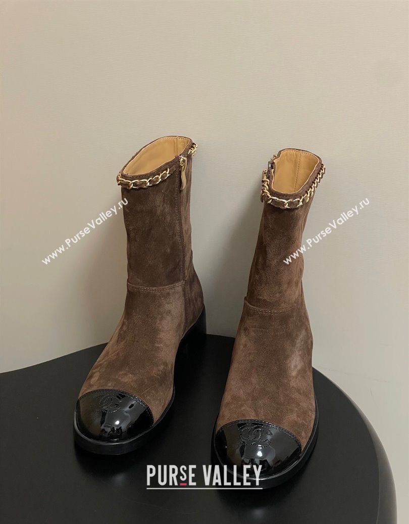 Chanel Suede and Patent Leather Flat Ankle Boots 3.5cm with Chain Brown 2025 CH110403 (MD-251104032)