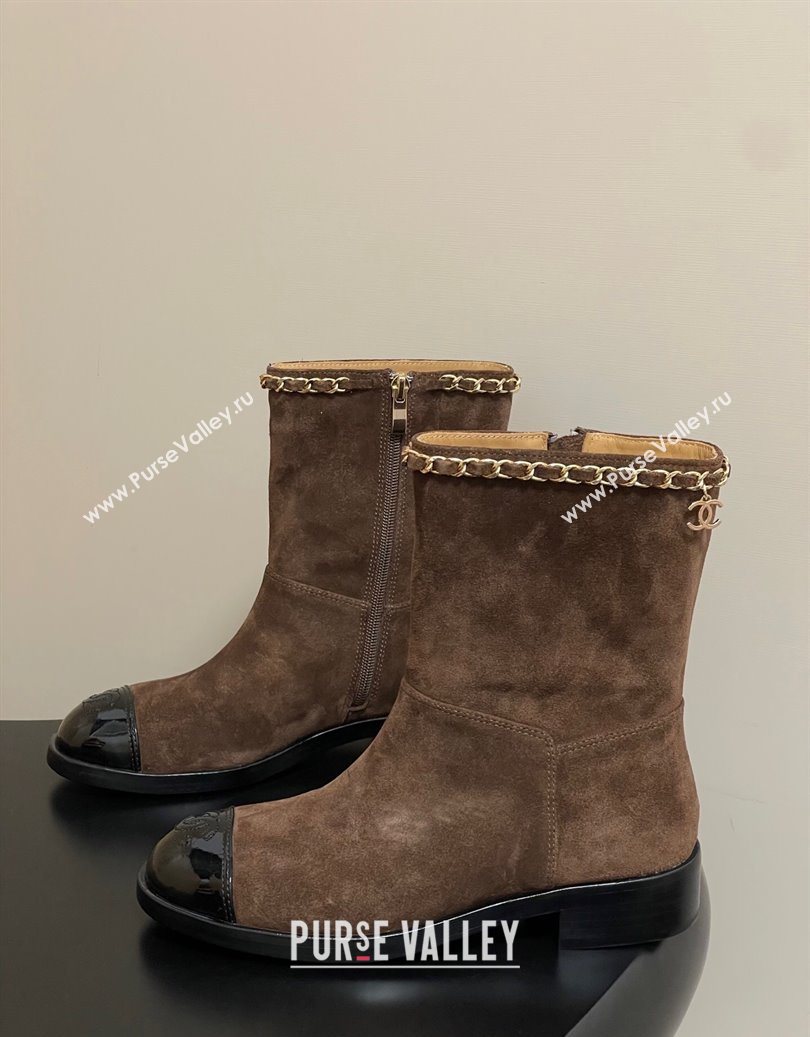 Chanel Suede and Patent Leather Flat Ankle Boots 3.5cm with Chain Brown 2025 CH110403 (MD-251104032)