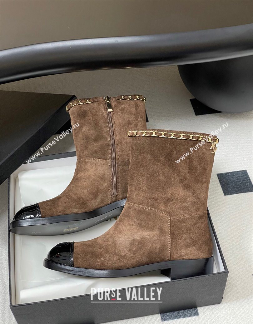 Chanel Suede and Patent Leather Flat Ankle Boots 3.5cm with Chain Brown 2025 CH110403 (MD-251104032)