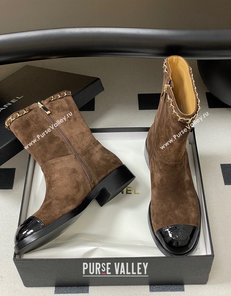Chanel Suede and Patent Leather Flat Ankle Boots 3.5cm with Chain Brown 2025 CH110403 (MD-251104032)