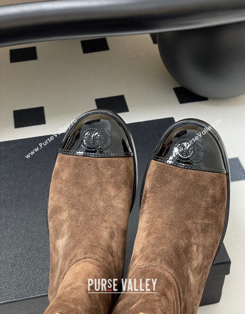 Chanel Suede and Patent Leather Flat Ankle Boots 3.5cm with Chain Brown 2025 CH110403 (MD-251104032)