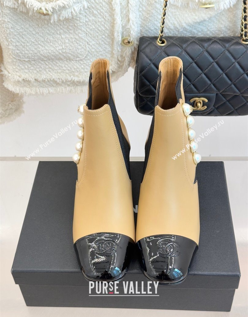 Chanel Lambskin Patent Leather Heel Ankle Boots 5cm with Pearls Beige 2025 CH11030316 (MD-251103126)